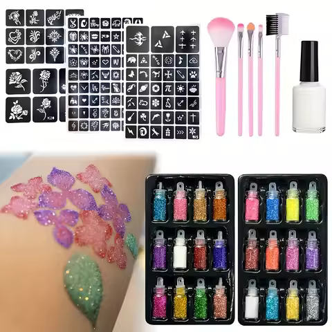 24-Color Glitter Temporary Tattoo Set,Includes Glue,Templates,Makeup Brushes,Body Make-Up Glitter Se