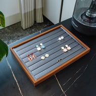 Black Walnut Wood Grain 8-Row Ring Jewelry Display Tray with Gunmetal Grey PU Interior 87HQ