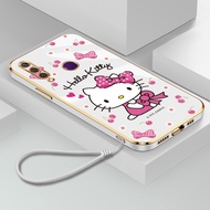Casing Huawei Y6P 2020 Y6 Pro Y7 Prime 2019 Y7 Pro Y9 Prime 2019 Y7A Y8P Y9S Ultra-thin Plating Square Lovely Cartoon Hello Kitty Silicone Case with Lanyard Phone Case