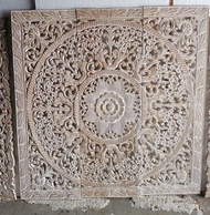 Mandala Wood Carving Panel 90 x 90 cm White Wash Lotus Wooden Plaque Wall Art Hanging Mandala Bohemi