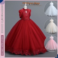 PiPi【In Stock Fast Shipping】Girls' Lace Cape Tulle Long Gown｜Multiple Colors Available (Red/White/Nu