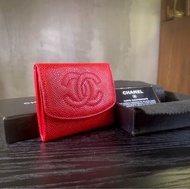 Chanel Vintage Caviar Card Holder/Coin Bag In Red With CC Logo（Full set) 香奈兒紅色魚子醬牛皮卡包/零錢包