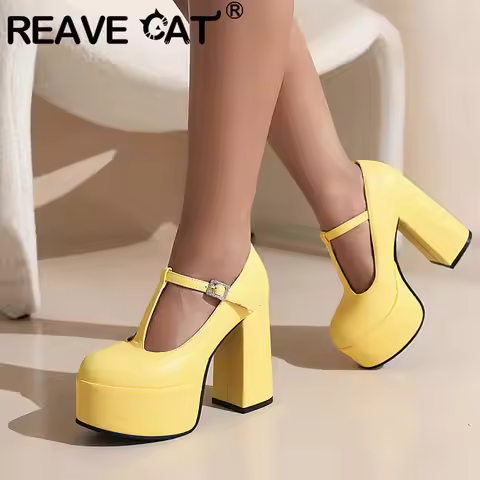 REAVE CAT Luxry Women Pumps Round Toe Block Heels 11cm Platform Hill 5cm Buckle T-Strap Sweet Party