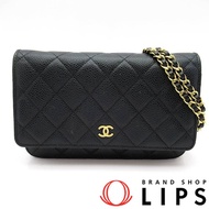 二手香奈兒 Matelasse 鏈條錢包 AP0250，魚子醬紋皮革，黑色。