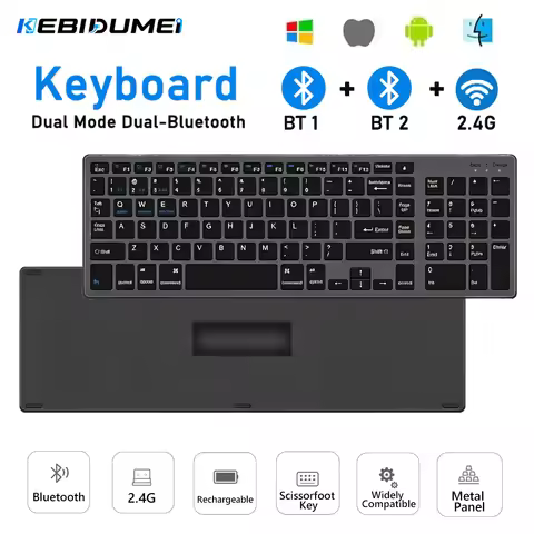 KEBIDUMEI Bluetooth Wireless Keyboard 2.4G Wireless 102 Keys Keyboard Rechargeable Low Noise Office 