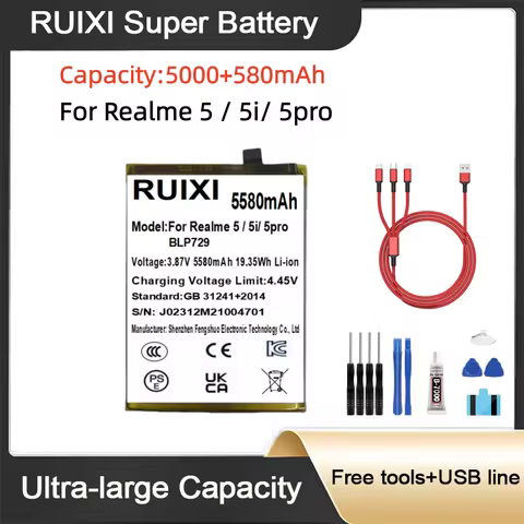 5580mAh BLP729 RUIXI Ultra Large Capacity Battery For Realme 5pro Realme 5 C3 5i C11 5S C21 Mobile P
