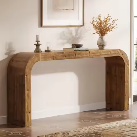 71" Solid Wood Console Table, Farmhouse Waterfall Sofa Table with Curved Corners, Entryway Table