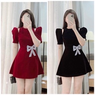 Bigize Off-the-shoulder velvet party dress with stone bow 50-90kg