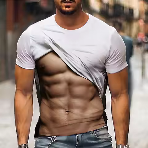 Men's 6-pack Abdominal Muscle T-shirt 3D Printed Short Sleeved Fitness Running Sports Casual Loose S