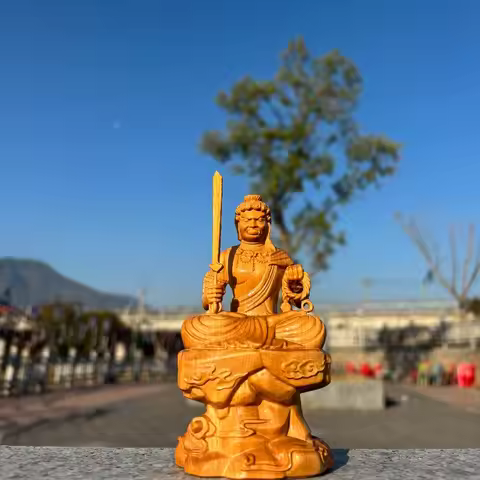 Hand-Carved Wood Acala Statue - 5.1" Artisan Fudo Myoo Buddhist Figurine for Home Altar Zen Meditati