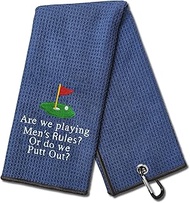DYJYBMY are We Playing Men‘s Rules? Funny Golf Towel, Embroidered Navy Blue Golf Towels for Golf Bags with Clip, Golf Gifts for Men Woman, Birthday Gifts for Golf Fan, Retirement Gift, Mom Golf Towel
