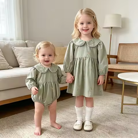 Sisters Clothes Infant Baby Girls Ruffled Dress Rompers Sisters Baby Girls Flower Print Princess Dre