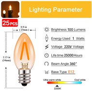 หลอดไฟ LED สำหรับเปลี่ยน E14 E12 1W 25แพ็คหลอดไฟเชิงเทียน C7หลอดไฟประดับตกแต่งเทียบเท่า10W สำหรับงาน