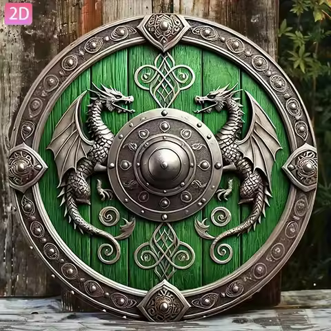 Retro Viking shield wall art - 8"x8" wooden sign, decorative red and black design, perfect room deco