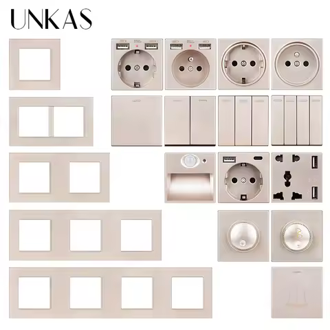 UNKAS Gold Glass Panel DIY Free Combination French EU Dual USB 1 2 3 4 Gang 1/2 Way On/Off Push Butt