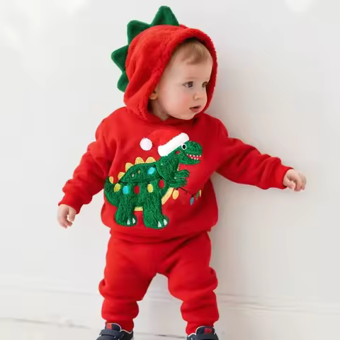 Newborn Baby Red Dinosaur Romper 2-Piece Set Hooded Bodysuit Jumpsuits One-pieces Christmas Toddler 