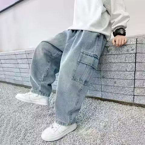 2025 New Boys Spring Autumn Cargo Pants Straight Dad Jeans Stretch Denim Boys Pants Outdoor Play