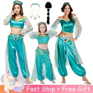 Princess Jasmine Adult Kids Anime Aladdin Cosplay Costume Green Top Pants Set For Baby Girl Outfit Halloween Suit for Women