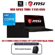 MSI GF63 THIN 11SC-888 Laptop / Notebook (  I5-11400H / 8GB / 512GB SSD / 15' FHD / GTX1650 MaxQ 4GD