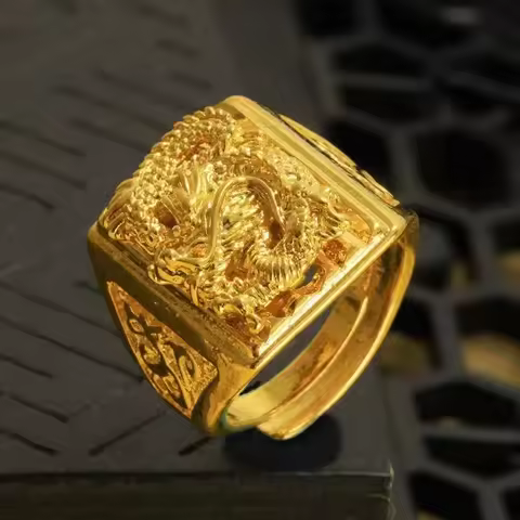 24K gold, AU999 men's solid gold dragon ring, bold open mouth, fashionable and elegant man