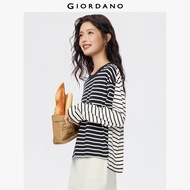 GIORDANO ผู้หญิง เสื้อยืด 100% Cotton เสื้อยืดลายทางคอกลมแขนยาว แต่งแถบด้านหลัง เสื้อยืดแฟชั่นลำลอง 