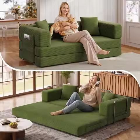 79.5" Corduroy Convertible Futon Sofa Bed, Modular Sleeper With Storage, No Assembly Living Room Fur