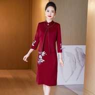 秋裝新款氣質兩件套連身裙結婚母親裝婚宴媽媽禮服喜婆婆旗袍