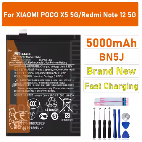 2026 Years BN5J Original Battery For Xiaomi Redmi Note 12 5G Mi POCO X5 5G Mobile Phone Battery Bate