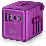 Universal Travel Adapter, 30W Fast Charging, Suitable for Europe UK USA, Purple | 3 USB-C+2 USB-A Po