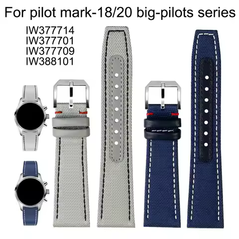 20 21 22mm nylon canvas spliced cowhide strap gray black blue white line watchband For IWC pilot mar