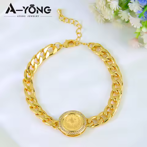 Arab Gold Plated Coins Bracelet 21k Gold Color Zircon Turkish Fashion Bangles Italian Dubai Women We