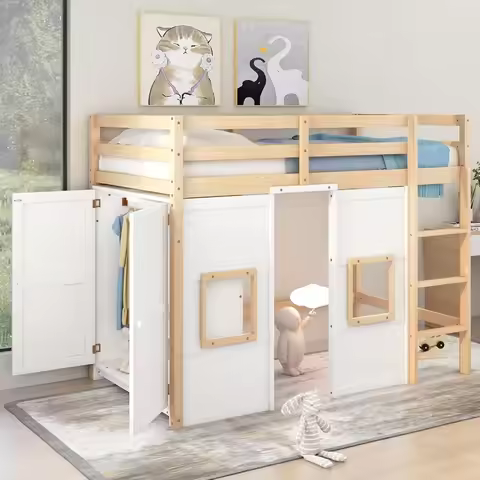 Playhouse Design Twin Size Loft Bed with Built-in Storage Wardrobe and 2 Windows, Solid Wood Loft Be