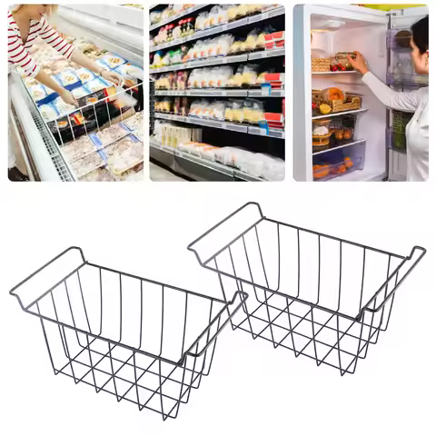 2Pcs Freezer Wire Storage Basket PE Coated Hanging Rack Organizer Bin Black for Refrigerator Shelves