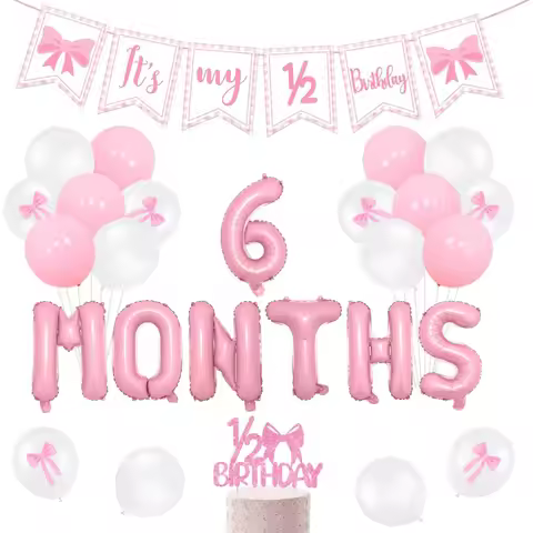 Pink Gingham It's My 1/2 Birthday Banner Bow 6 Months Balloons 1/2 Birthday Cake Topper 1/2 Birthday