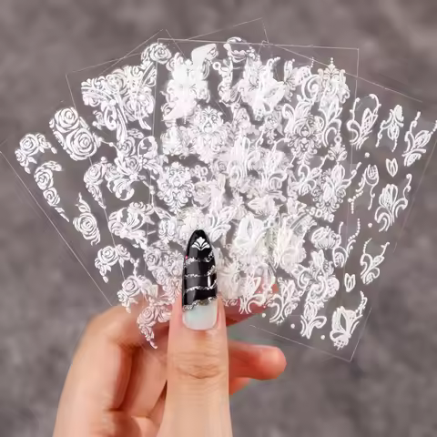 5D Nail Art Stickers Lace Flower Nail Decals White Stereoscopic Embossed Rose Sliders 5D Acrylic Flo