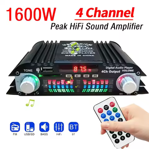 1600W Peak Power Digital 4 Channel Audio Amplifier HiFi Sound Amplifier FM USB Bluetooth-Compatible 