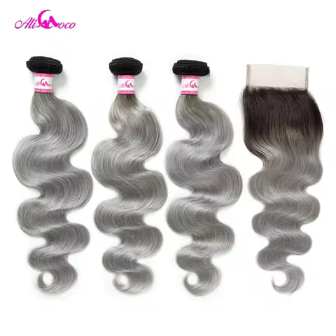 Ali Coco Brazilian Body Wave Bundles With Closure 1B/Grey Remy Hair 3 Bundles with Closure Human Hai