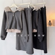 Chic17|L46-Thick Warm set Suit Furry Hooded Vest Jacket+Split Long Skirt