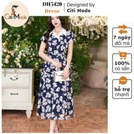 Đầm công sở CITI MODE FASHION thiết kế Đầm xòe hoa xanh than phối cổ đức trắng DH5420