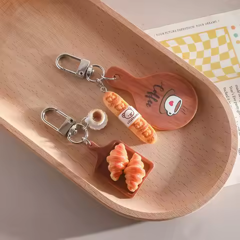 2Pcs Cute Resin Simulated Bread Coffee Afternoon Tea Keychain Pendant For Men Women Bag Charm Car Ke