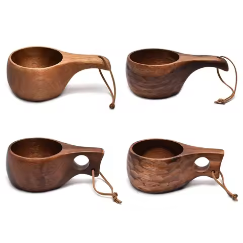 Finland Kuksa Portable Coffee Mug Acacia-Wood Handle Cowhide Rope Hook Juice Milk Cup Coffee Drinkin