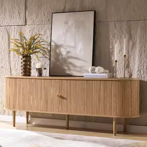 70" Mid-Century Modern TV Stand, TV Console Table for TVs up to 80 Inch, Fluted Wood Media Console w