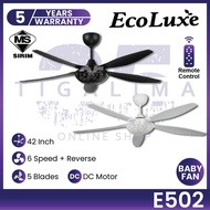 ECOLUXE E502 42Inch 5 Blades 6 Speed + Reverse DC Motor with Remote Control Ecoluxe Baby Fan Ceiling Fan Kipas Siling