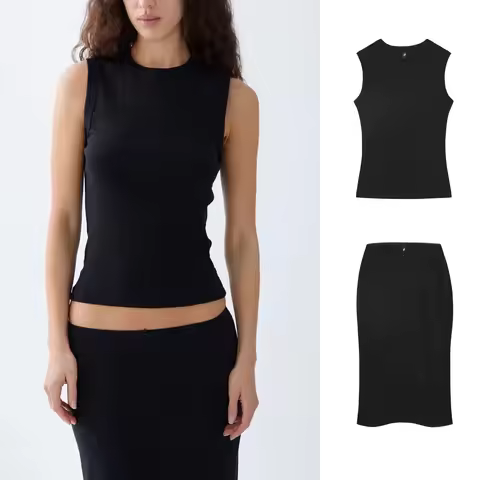COU Mizuhara Kiko's Same Black Round-Neck Vest Top, Elastic Lace Waist Low-Waisted Skirt