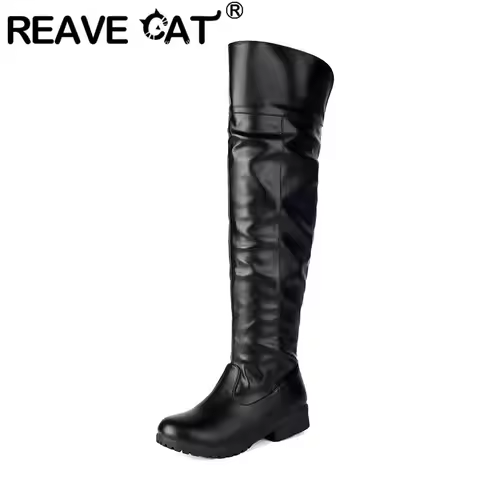 REAVE CAT 2025 Ladies Thigh high Footwear Round Toe Thick Heels 3cm Big Size 49 50 51 Casual Winter 