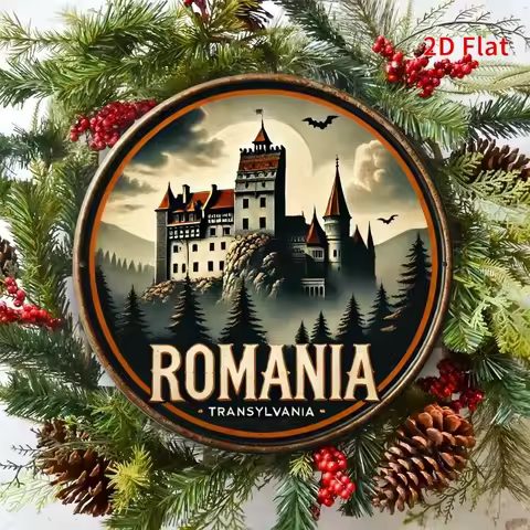 [2D Flat] 1 2D Flat 8x8 Inch Metal Wall Art - "Romania Transylvania Mystery Castle" Theme