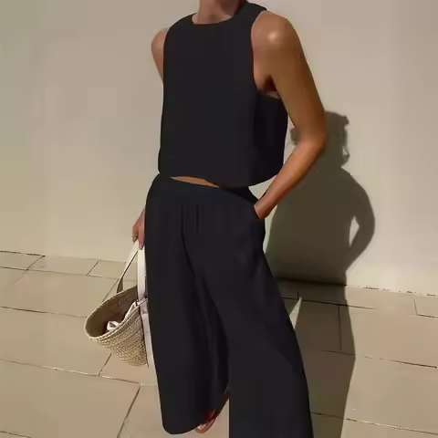 2025 Women O-Neck Tank Wide Leg Pants Two Piece Sets Suits Elegant Office Ladies Summer Outfits