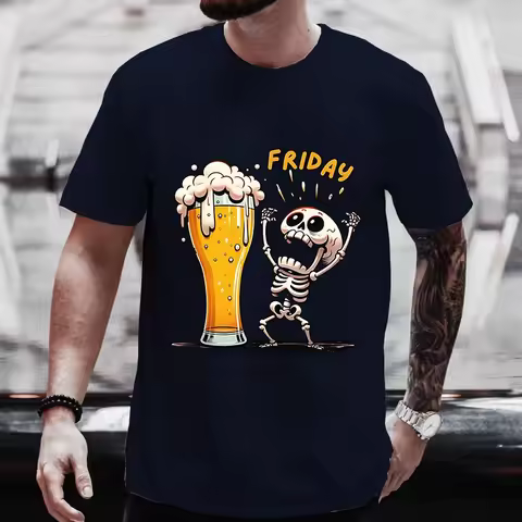 Men's T Shirt Skeleton Enjoying FRIDAY Beer Day Tees Men T-Shirt Finally Friday for Beer Lovers Male