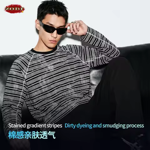 ZODF Vintage Autumn Men Striped 210gsm Long Sleeve T-Shirt Unisex Loose Distressed T Shirts Brand TE