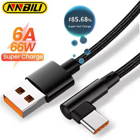 NNBILI 6A 66W Type C USB Fast Charging Cable for Samsung Huawei OPPO VIVO POCO 90 Degree Right Angle